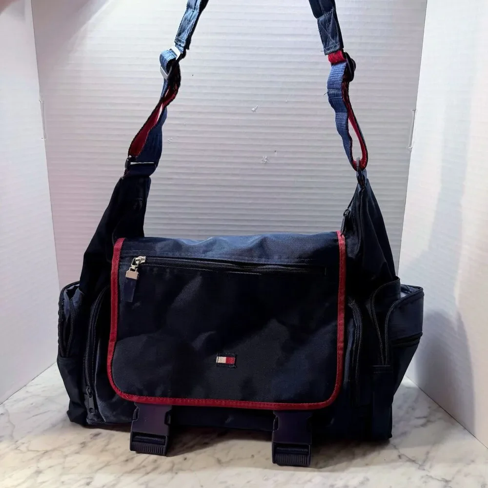 Vintage 90s Tommy Hilfiger Nylon Messenger Bag Navy Red – Multi-Pocket Crossbody